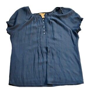 Bit & Bridle Women's L Blue Blouse Top Pintuck Pleated Rayon Blend Short Sleeve
